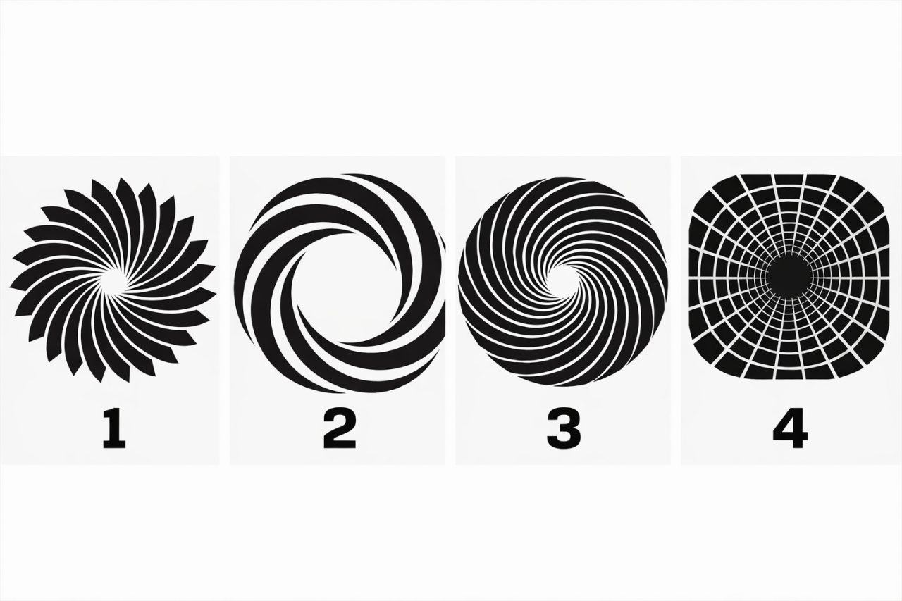 Четыре геометрические спирали и оптические иллюзии чёрного цвета на светлом фоне с цифрами 1–4 для психологического теста на стиль мышления.