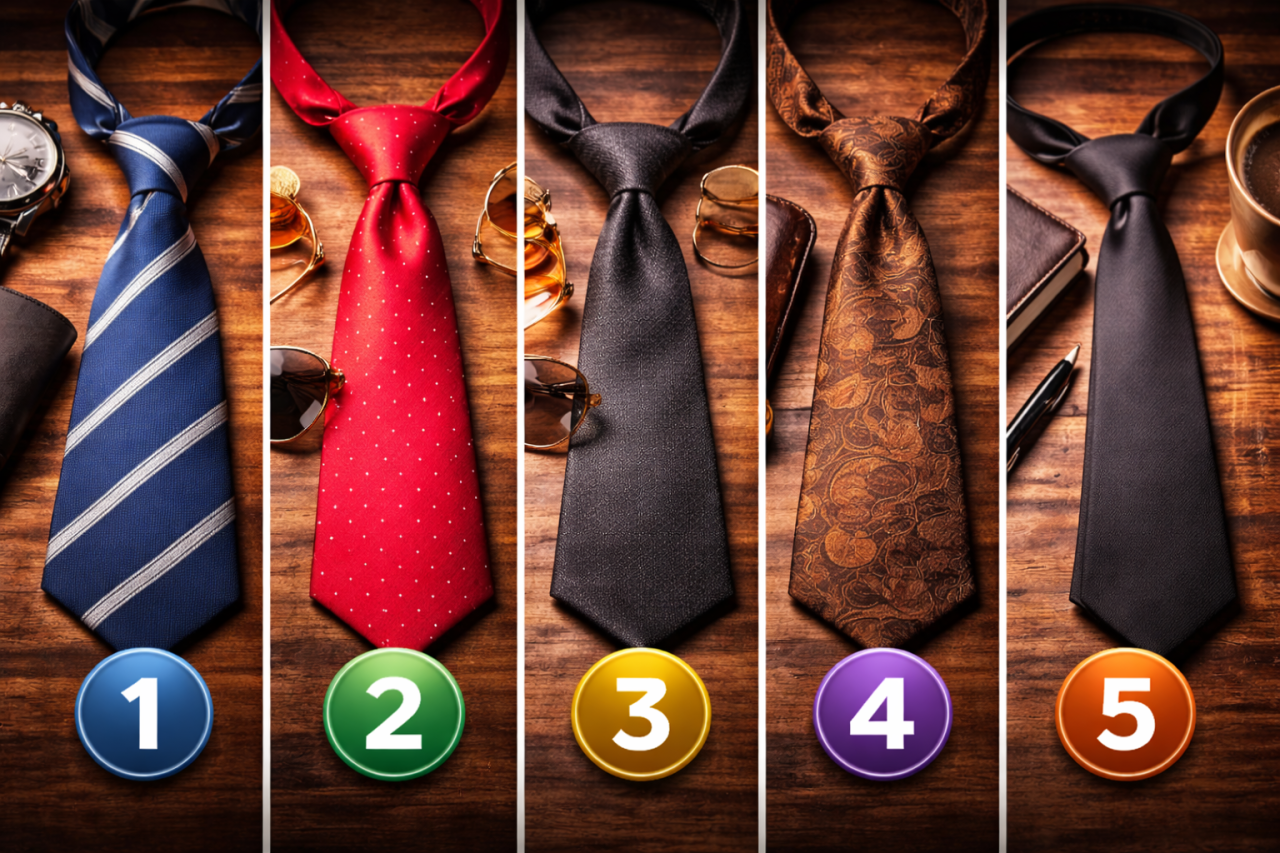 Пять разных галстуков — строгий, яркий, свободно завязанный, старомодный и минималистичный — расположены рядом для психологического теста выбора.