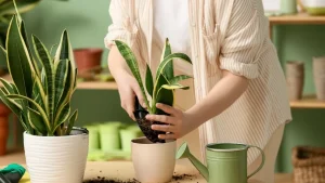 Пересадка комнатного растения в новый горшок: руки садовода помещают растение с корнями в свежую почву.