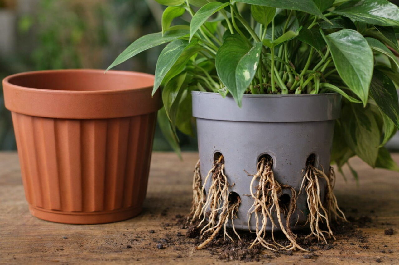 Корни комнатного растения вылезают из отверстий горшка - признак того, что растение нужно пересадить.