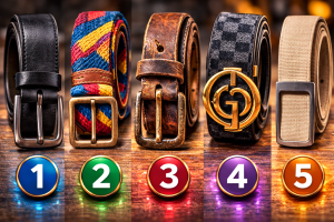 Пять разных ремней — строгий кожаный, яркий тканевый, старый винтажный, широкий дизайнерский и простой минималистичный.