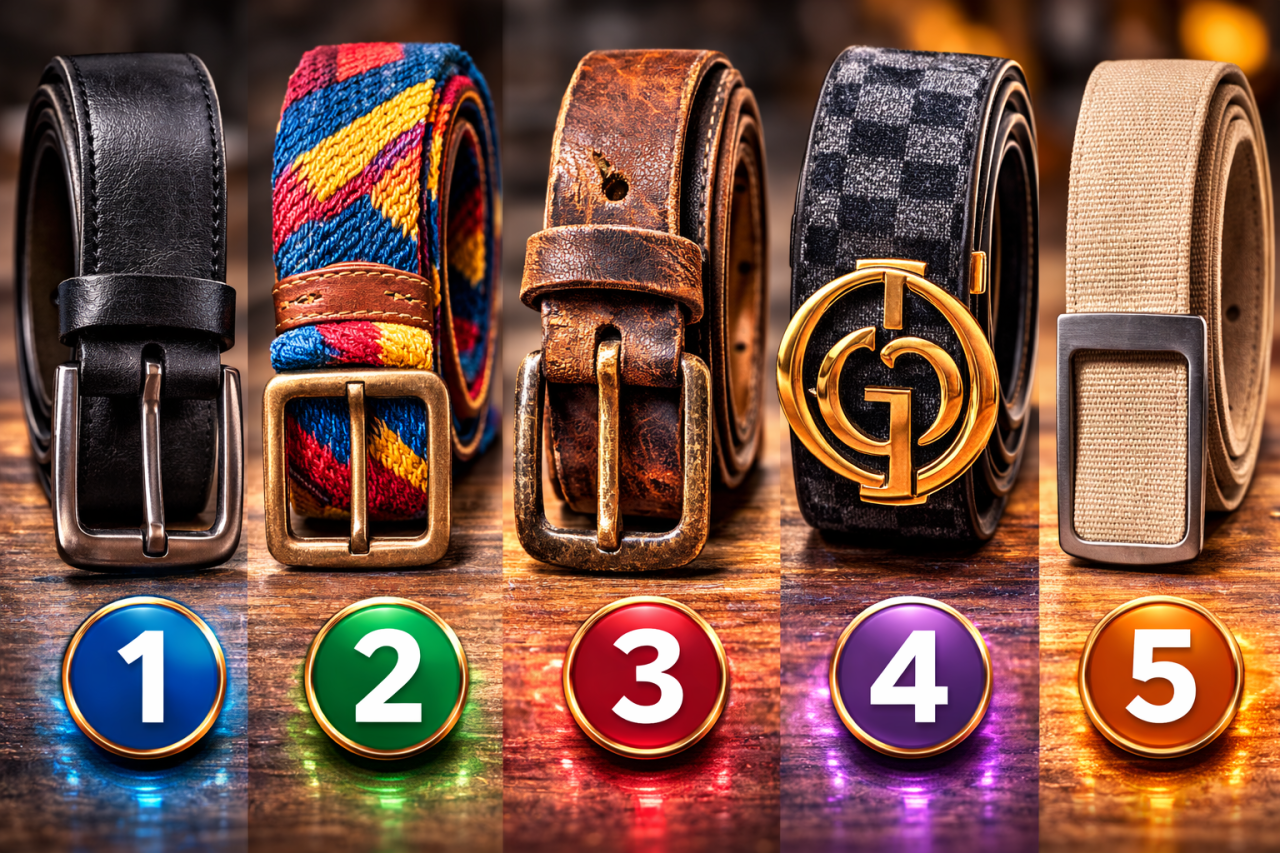Пять разных ремней - строгий кожаный, яркий тканевый, старый винтажный, широкий дизайнерский и простой минималистичный.