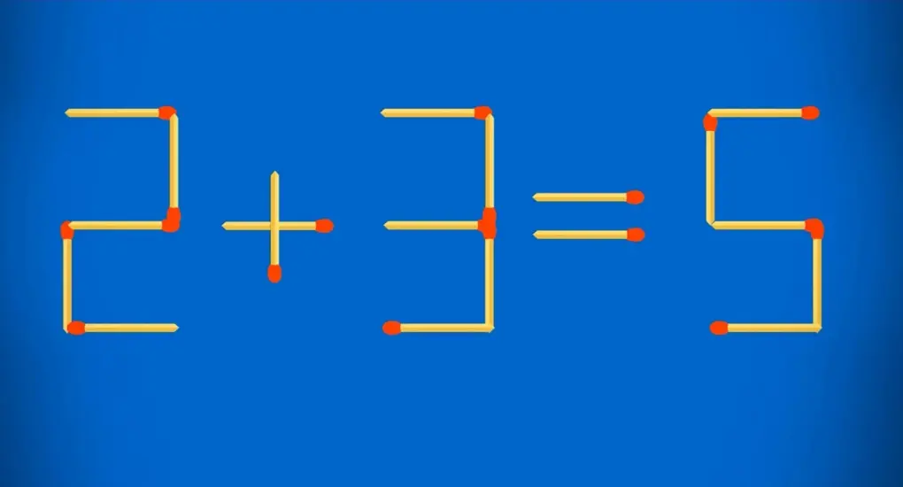 Наглядное решение задачи: превращение девятки в тройку и минуса в плюс для получения равенства 2 + 3 = 5.