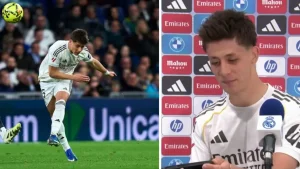 Арда Гюлер забивает невероятный гол почти с 70 метров в матче «Реал Мадрид» — «Эльче» на стадионе «Сантьяго Бернабеу».