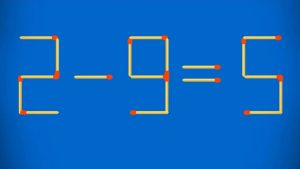 Логическая головоломка со спичками 2 минус 9 равно 5 на темном фоне, требующая одного движения.