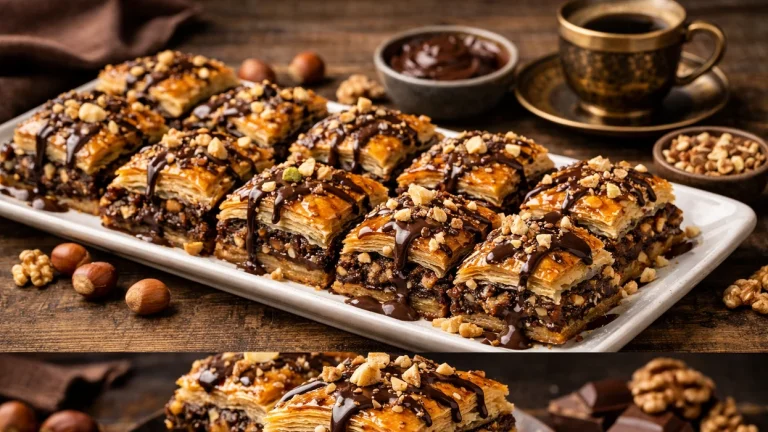 Шоколадная пахлава с орехами — слоёный десерт с хрустящей корочкой, сиропом и кусочками шоколада