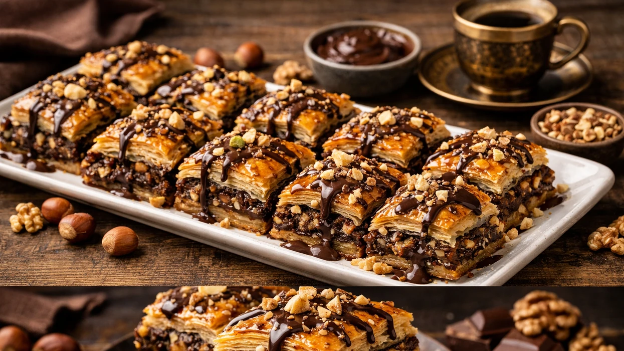 Шоколадная пахлава с орехами — слоёный десерт с хрустящей корочкой, сиропом и кусочками шоколада