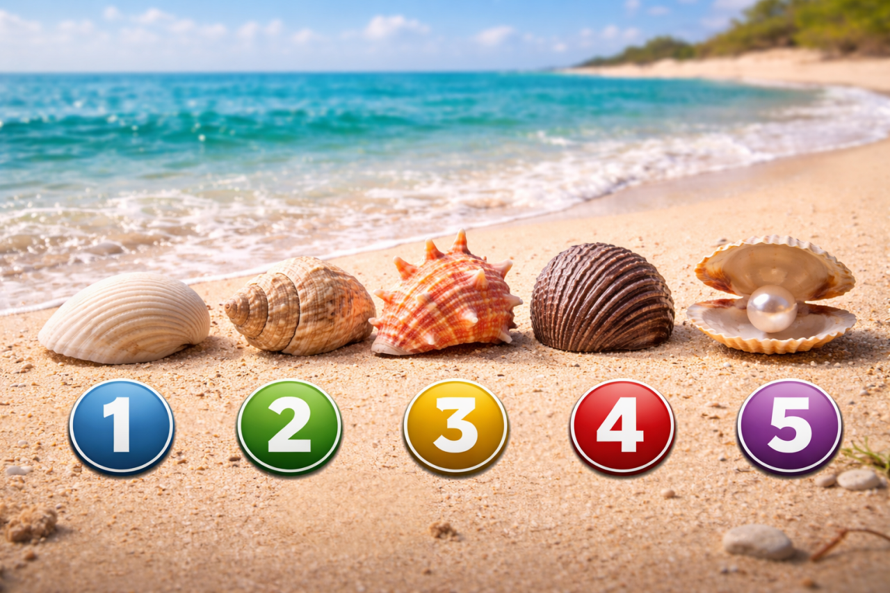 Психологический тест с ракушками: пять разных морских ракушек на песке у океана с номерами - выберите ракушку и узнайте, о чём говорит ваше внутреннее состояние.