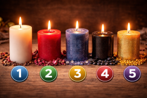Психологический тест со свечами: пять горящих свечей разного цвета с номерами — выберите свечу и узнайте, что в вашей жизни скоро прояснится.