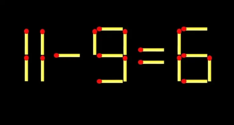 Логическая головоломка со спичками 11 минус 9 равно 6 на темном фоне.