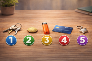 Психологический тест с карманными предметами: ключи, монета, зажигалка, банковская карта и брелок на деревянном столе с номерами — выберите предмет и узнайте, что управляет вами незаметно.