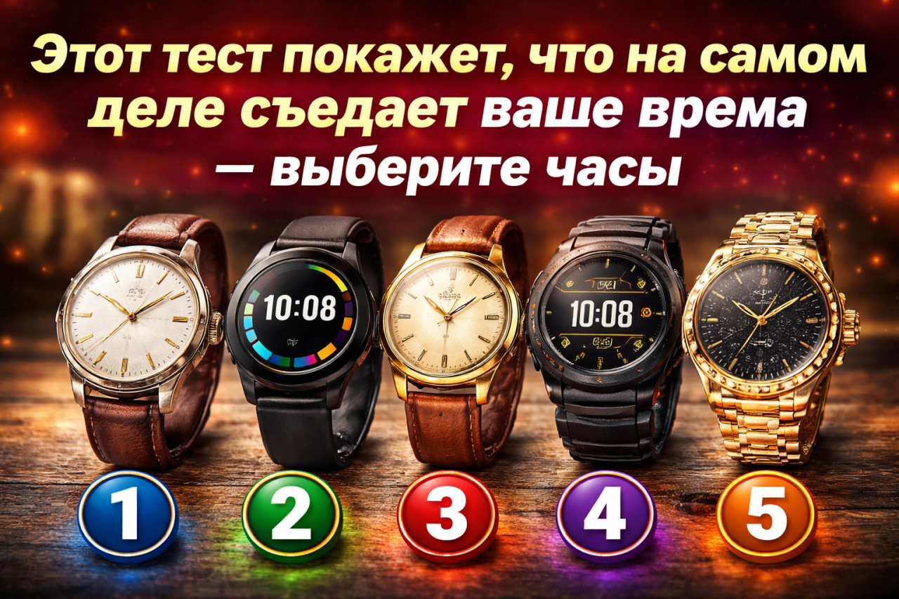 Пять разных часов - классические, цифровые, винтажные, спортивные и дизайнерские - для психологического теста на восприятие времени.
