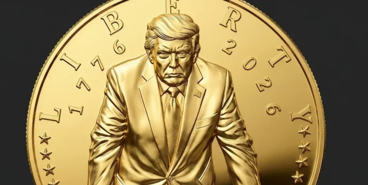 золотая памятная монета США с портретом Дональда Трампа к 250-летию независимости, дизайн с орлом и надписью Liberty