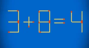 Логическая головоломка со спичками 3 плюс 8 равно 4 на темном фоне, требующая одного движения.