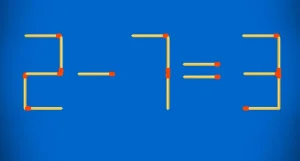 Логическая головоломка со спичками 2 минус 7 равно 3 на синем фоне для проверки IQ.