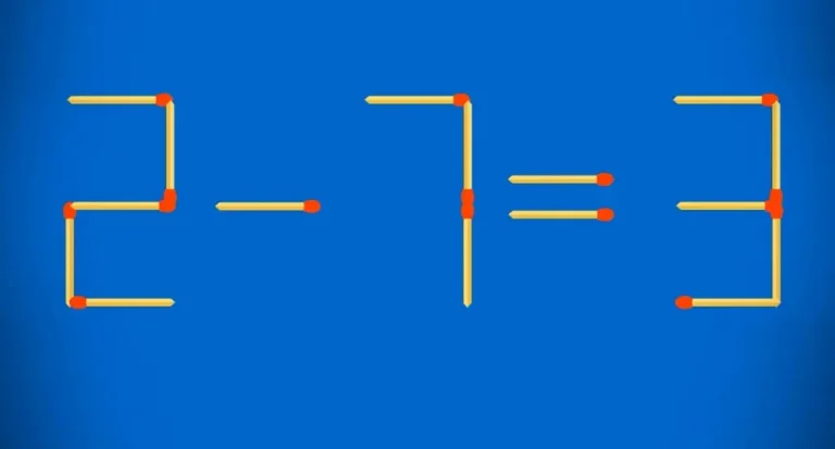 Логическая головоломка со спичками 2 минус 7 равно 3 на синем фоне для проверки IQ.