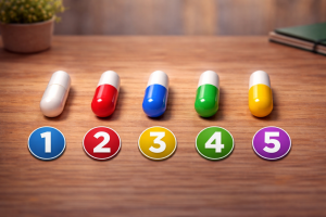 Психологический тест с капсулами: пять одинаковых капсул разных цветов на деревянном столе с номерами — выберите капсулу и узнайте, чего вам сейчас не хватает.