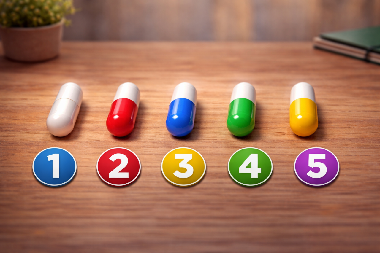 Психологический тест с капсулами: пять одинаковых капсул разных цветов на деревянном столе с номерами — выберите капсулу и узнайте, чего вам сейчас не хватает.