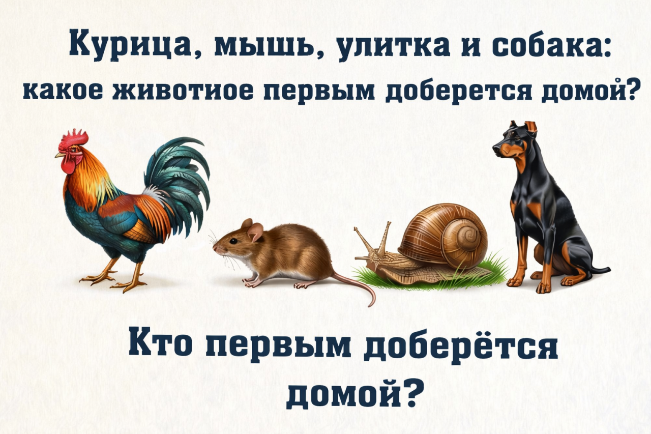 Логическая головоломка: курица, мышь, улитка и собака - нужно понять, кто первым доберётся домой.
