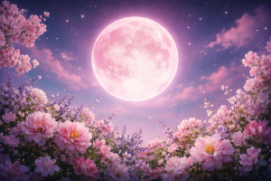 Полнолуние в небе на фоне весенних цветов — символ Розовой Луны и периода перемен в любви и отношениях