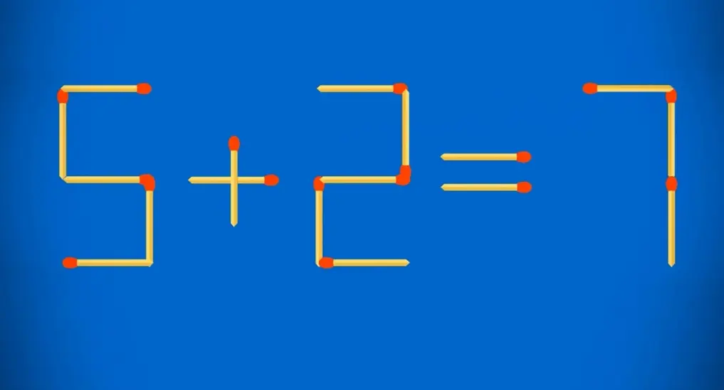 Схема решения задачи: перенос спички из цифры 6 в цифру 1 для получения верного равенства 5 + 2 = 7.