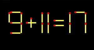 Математическая головоломка со спичками 9 + 11 = 17 на контрастном фоне для тренировки логики.