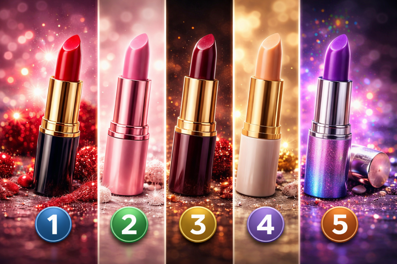 Пять разных тюбиков губной помады с разными оттенками — красная, розовая, тёмная, нюдовая и яркая необычная — для психологического теста на характер.