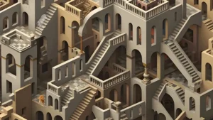 Оптическая иллюзия с архитектурным лабиринтом из лестниц и балконов, на которой спрятаны несколько кошек — визуальная головоломка на внимательность.