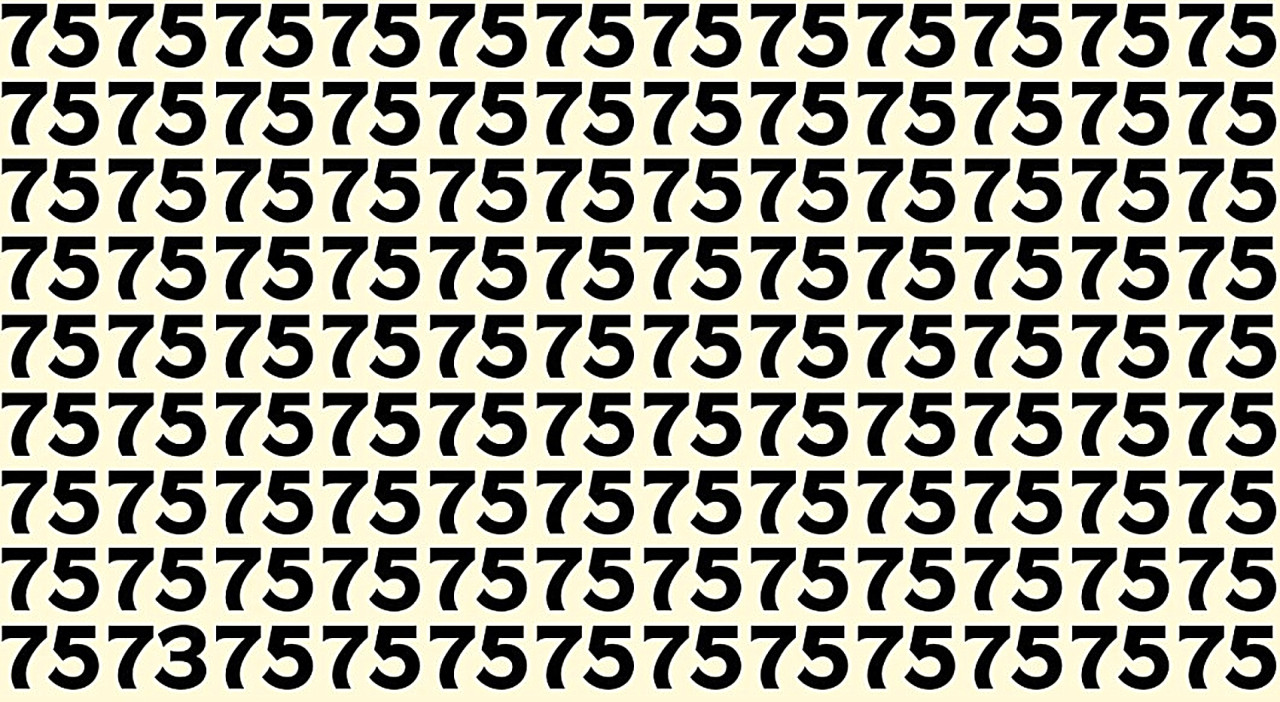 множество чисел 75 на светлом фоне, среди которых спрятано число 73, визуальная головоломка на внимательность
