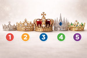Пять разных корон — простая, классическая, роскошная, строгая и необычная — с номерами 1–5 на светлом фоне для психологического теста.