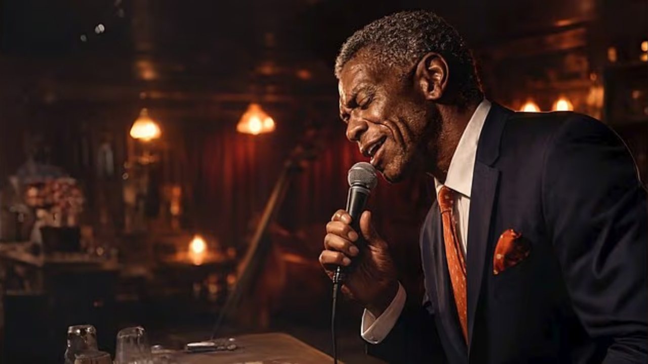 виртуальный блюзовый певец, созданный искусственным интеллектом, символизирующий ИИ-артиста в музыкальной индустрии