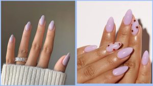 Лавандовый маникюр разных стилей — нюд, перламутр, омбре и эффект «кошачий глаз» на ногтях крупным планом