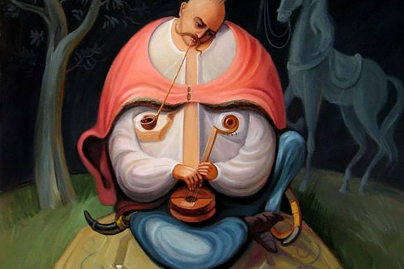 Оптическая иллюзия с несколькими образами: лошадь, музыкант и лицо мужчины