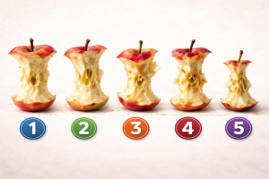 Пять огрызков яблок разной формы и степени съеденности — аккуратный, почти целый, надкушенный, неровный и почти полностью съеденный — с номерами для психологического теста