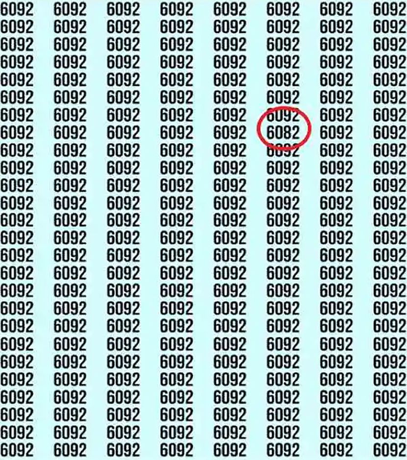 таблица с повторяющимися числами 6092, среди которых спрятано число 6082, визуальная головоломка на внимательность