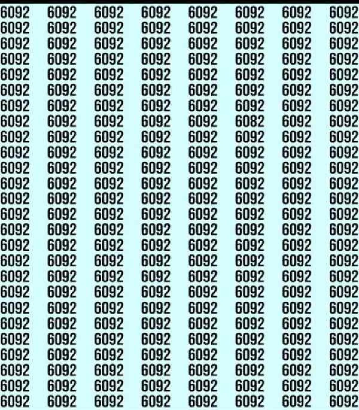 таблица с повторяющимися числами 6092, среди которых спрятано число 6082, визуальная головоломка на внимательность