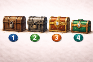 Четыре сундука — старинный деревянный, металлический с замком, украшенный золотом и простой дорожный — с номерами для психологического теста