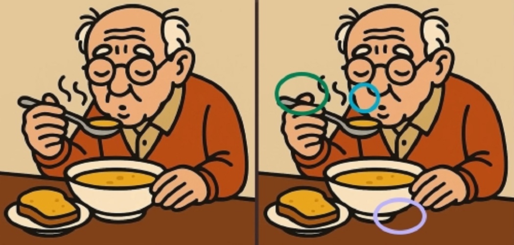 Две почти одинаковые картинки с пожилым мужчиной, который ест суп, между которыми нужно найти три отличия - визуальный тест на внимательность