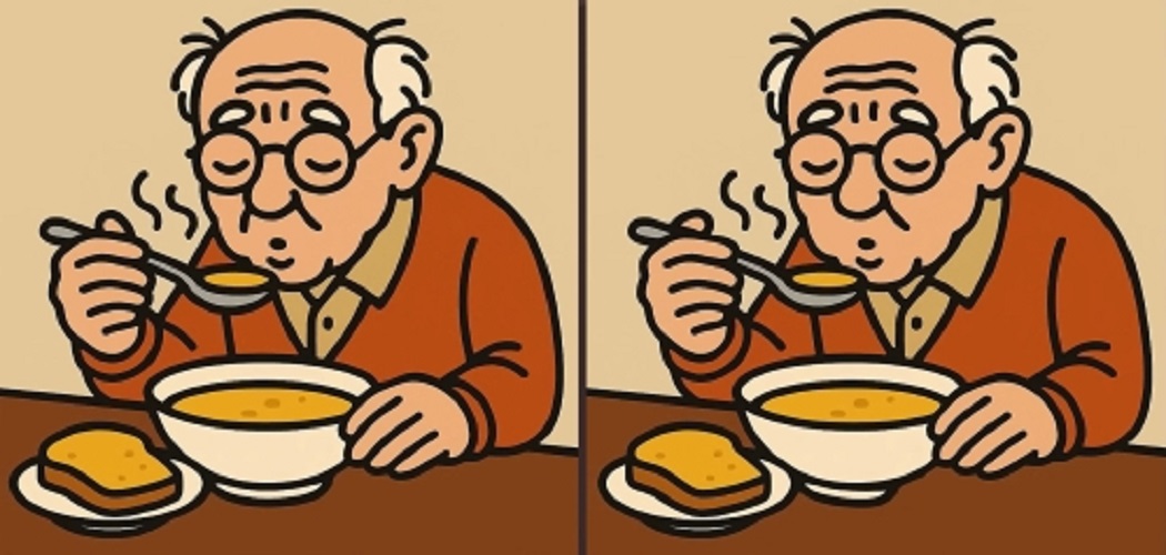 Две почти одинаковые картинки с пожилым мужчиной, который ест суп, между которыми нужно найти три отличия - визуальный тест на внимательность