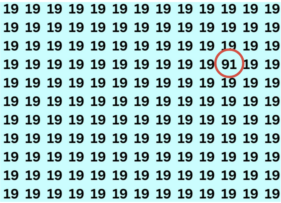 Множество чисел 19 на голубом фоне, среди которых спрятано число 91 - визуальная головоломка на внимательность