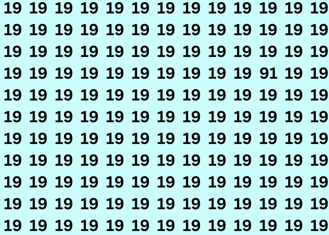 Множество чисел 19 на голубом фоне, среди которых спрятано число 91 - визуальная головоломка на внимательность