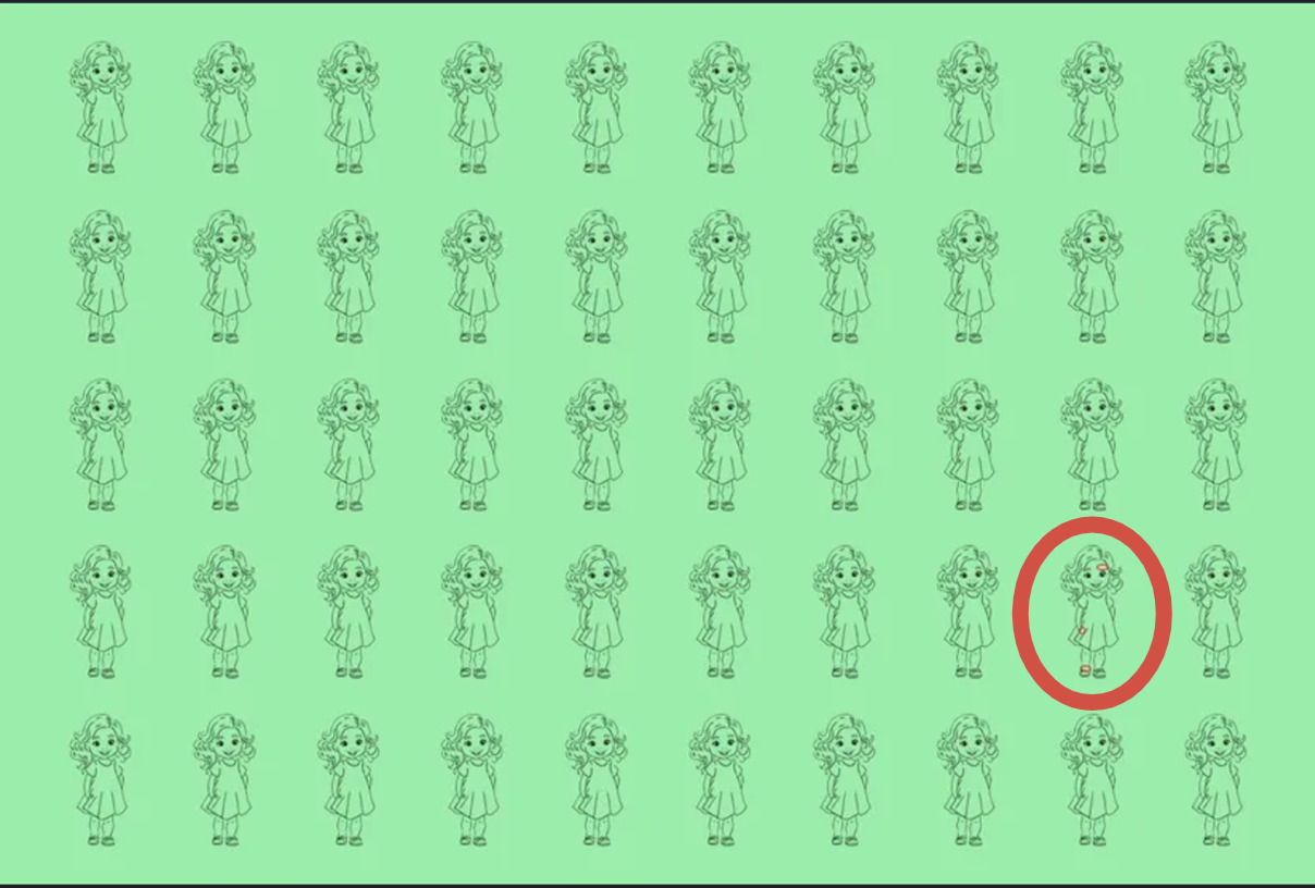 множество одинаковых рисунков девочек на зелёном фоне, среди которых спрятана одна отличающаяся фигура, визуальная головоломк