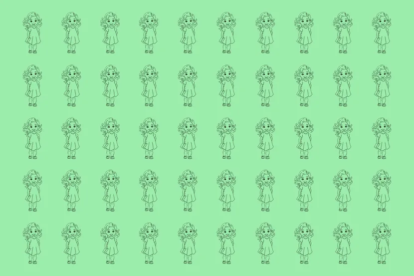 множество одинаковых рисунков девочек на зелёном фоне, среди которых спрятана одна отличающаяся фигура, визуальная головоломк