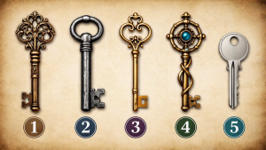 Пять разных ключей — старинный резной, массивный металлический, тонкий изящный, необычной формы и простой современный — с номерами для психологического теста