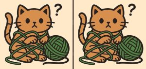 две похожие картинки с котёнком и клубком ниток, между которыми нужно найти три отличия, визуальная головоломка