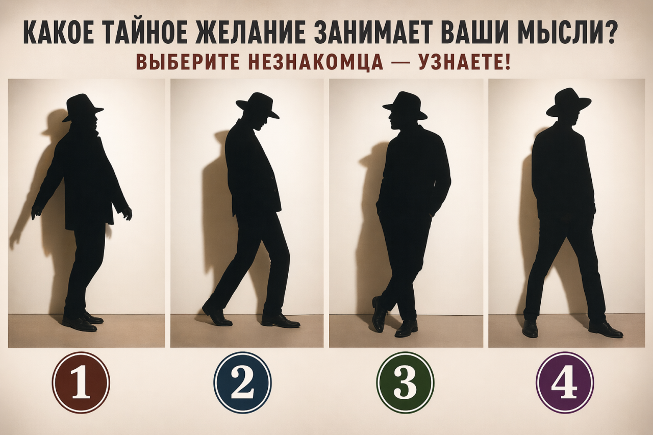 Четыре силуэта мужчин - в пальто, в деловом костюме, расслабленный и задумчивый - с номерами для психологического теста