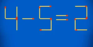 Сложная математическая головоломка 4 минус 5 равно 2 из спичек на контрастном фоне.