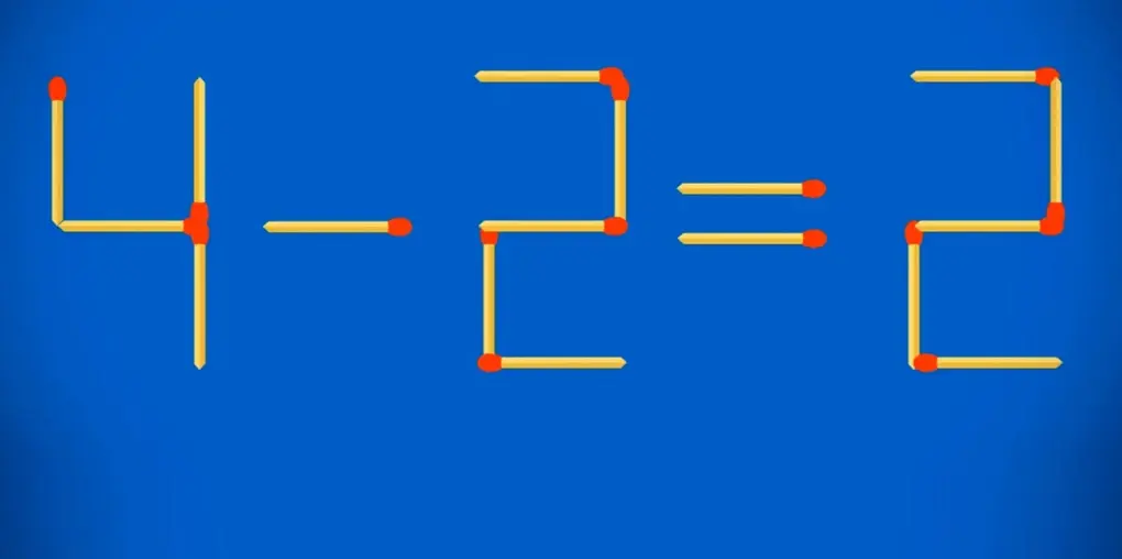 Пошаговая схема трансформации цифры 5 в цифру 2 с помощью переноса двух спичек для получения верного равенства 4 - 2 = 2.