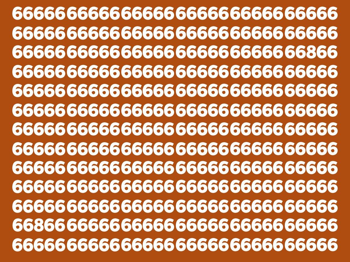 таблица с множеством цифр 6, среди которых спрятаны две цифры 8, визуальная головоломка на внимательность