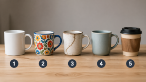 Пять кружек на столе в офисе символизируют разные степени выгорания на работе